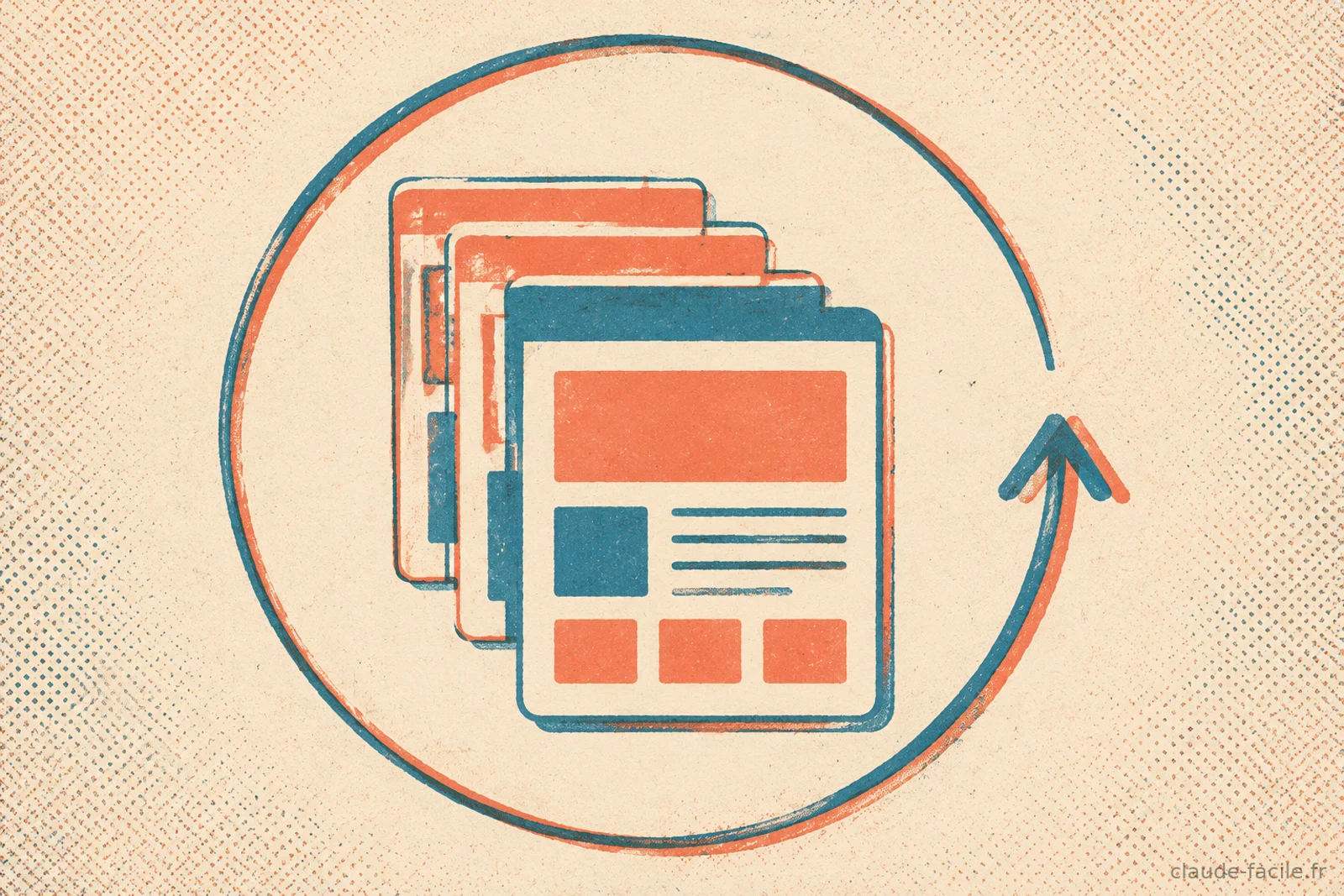 Page web centrale avec une pile de versions antérieures empilées derrière elle et une flèche de partage circulaire bouclant autour, illustrant le versionnage et le partage org-only d'un Artifact