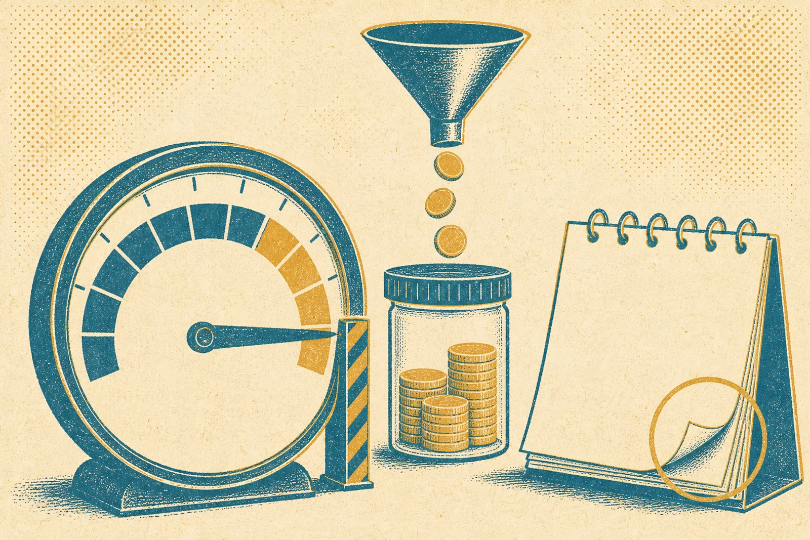 Illustration d'une jauge de budget dont l'aiguille approche d'une butee, a cote d'un bloc-calendrier marquant une echeance et d'un entonnoir versant un filet maitrise de pieces dans un contenant plafonne