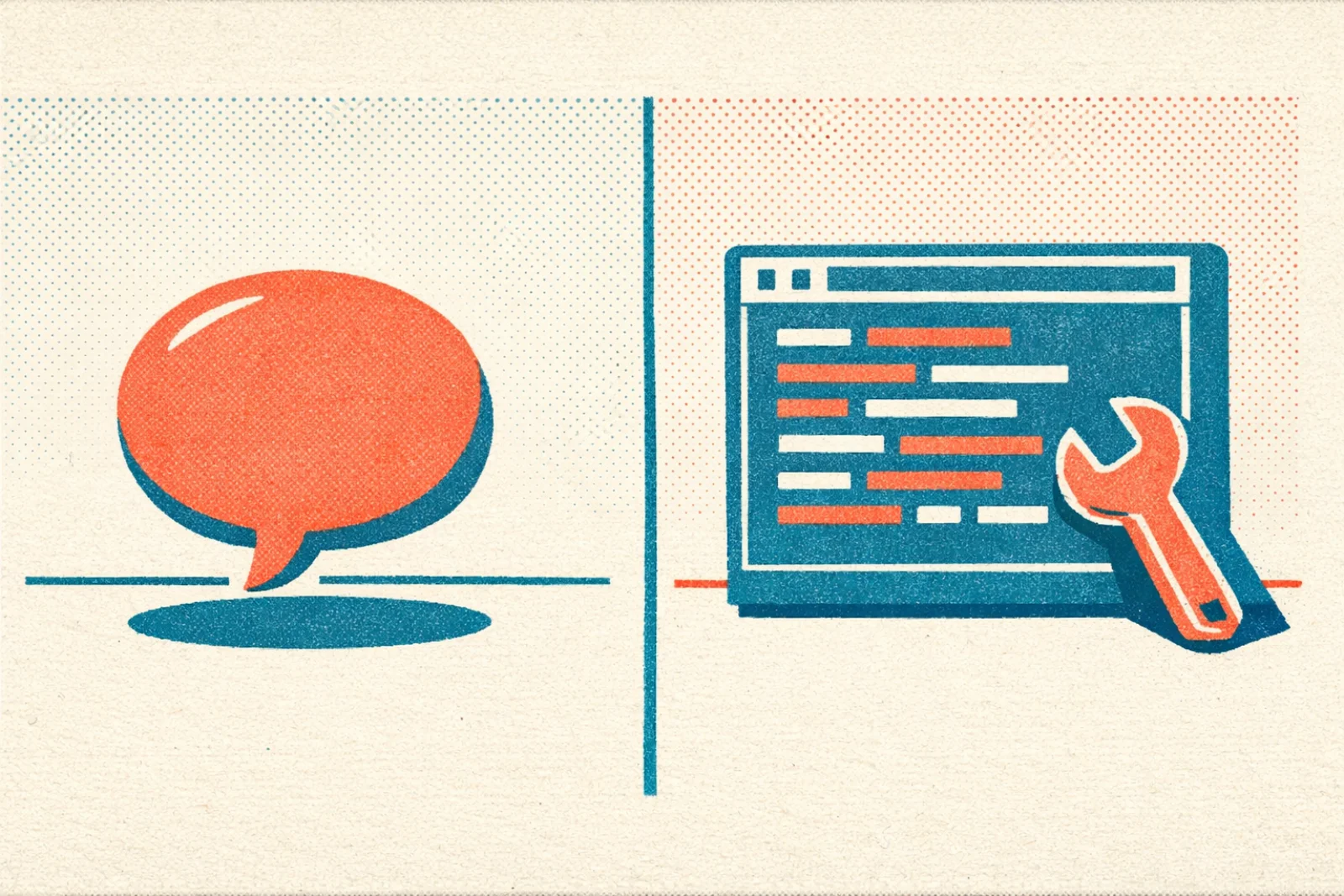 Illustration comparant un chatbot classique à gauche et un terminal de codage agentique à droite