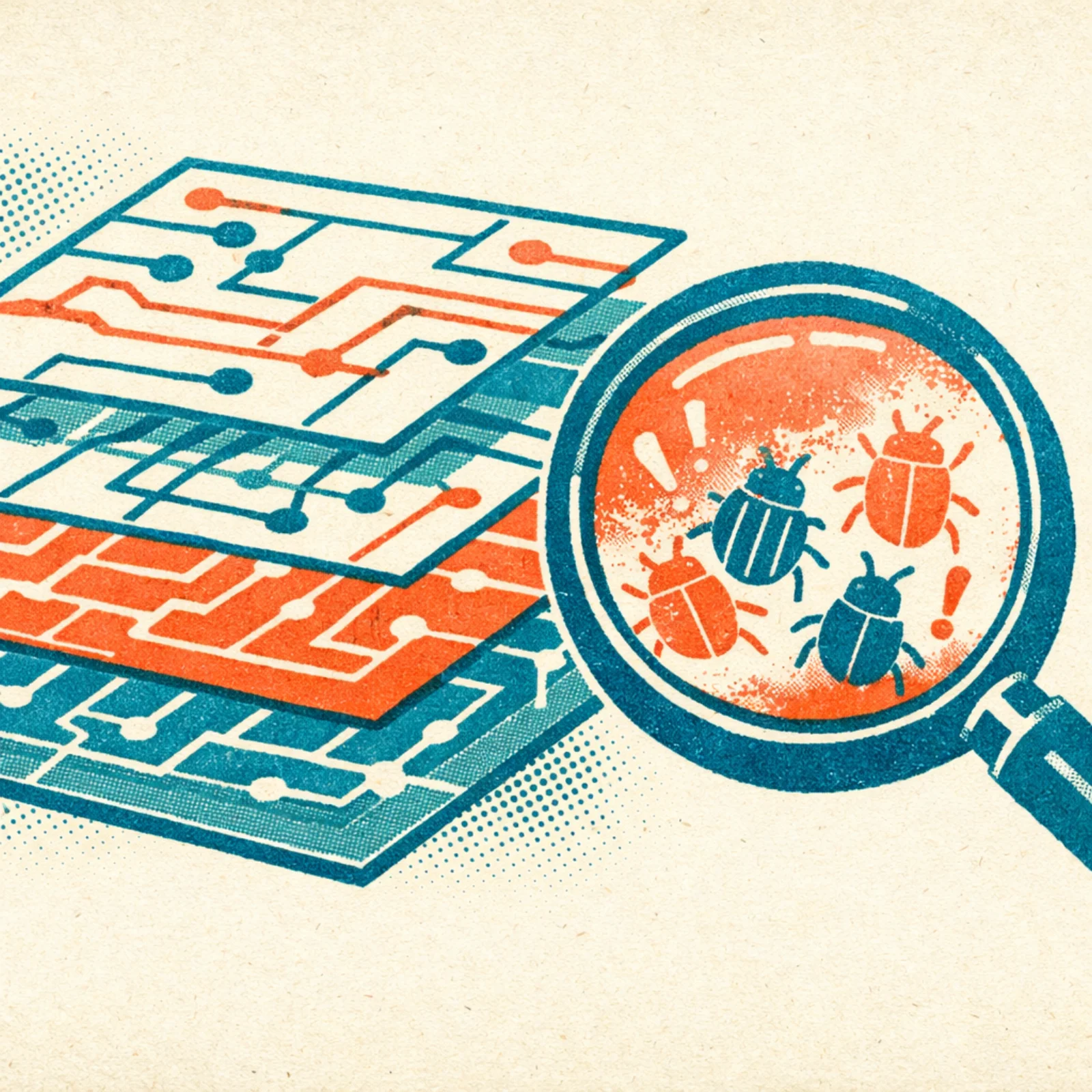Loupe survolant des couches de circuits geometriques et revelant des bugs caches entre les strates