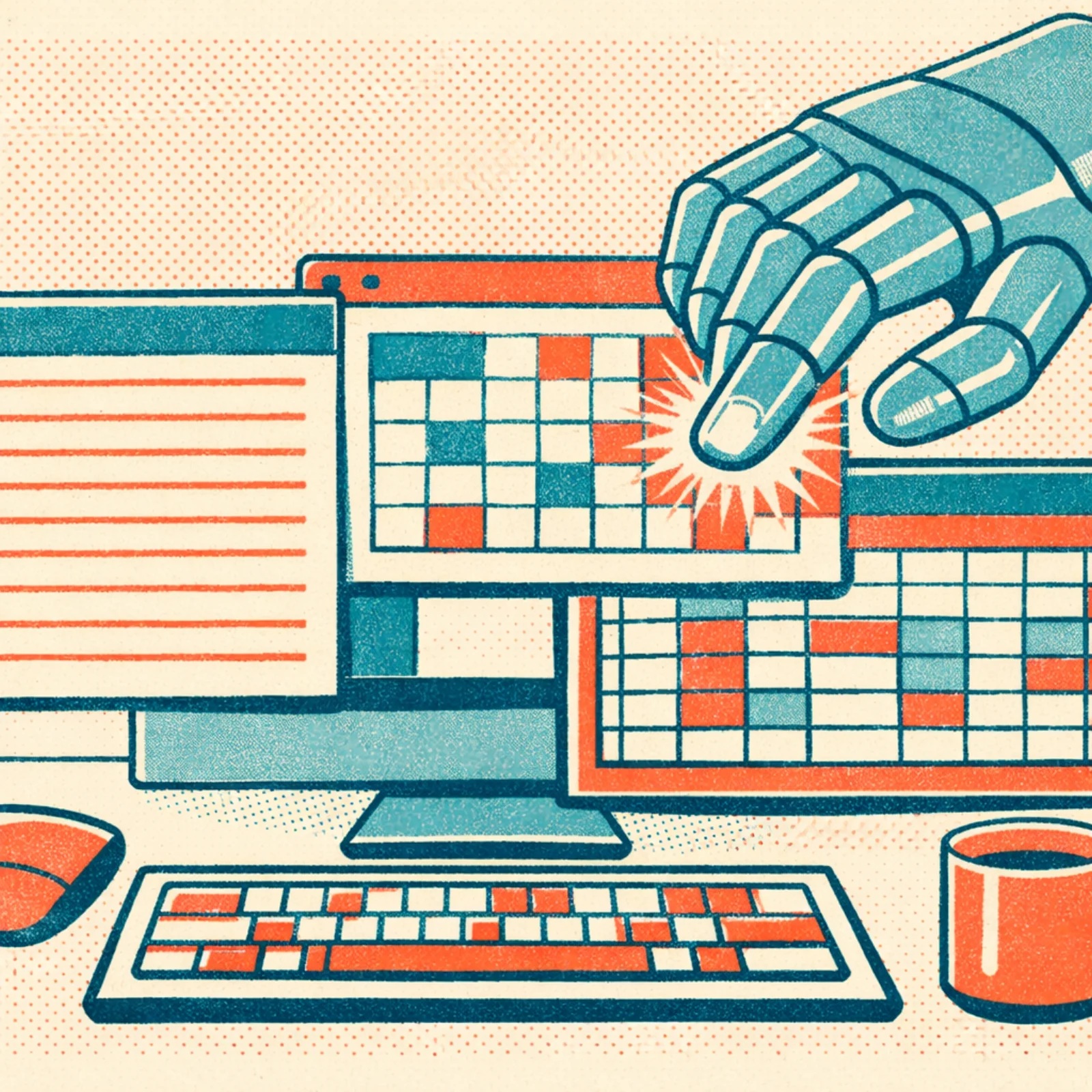 Bureau Mac avec trois fenêtres d'applications superposées et une main robotique translucide interagissant avec l'une d'elles