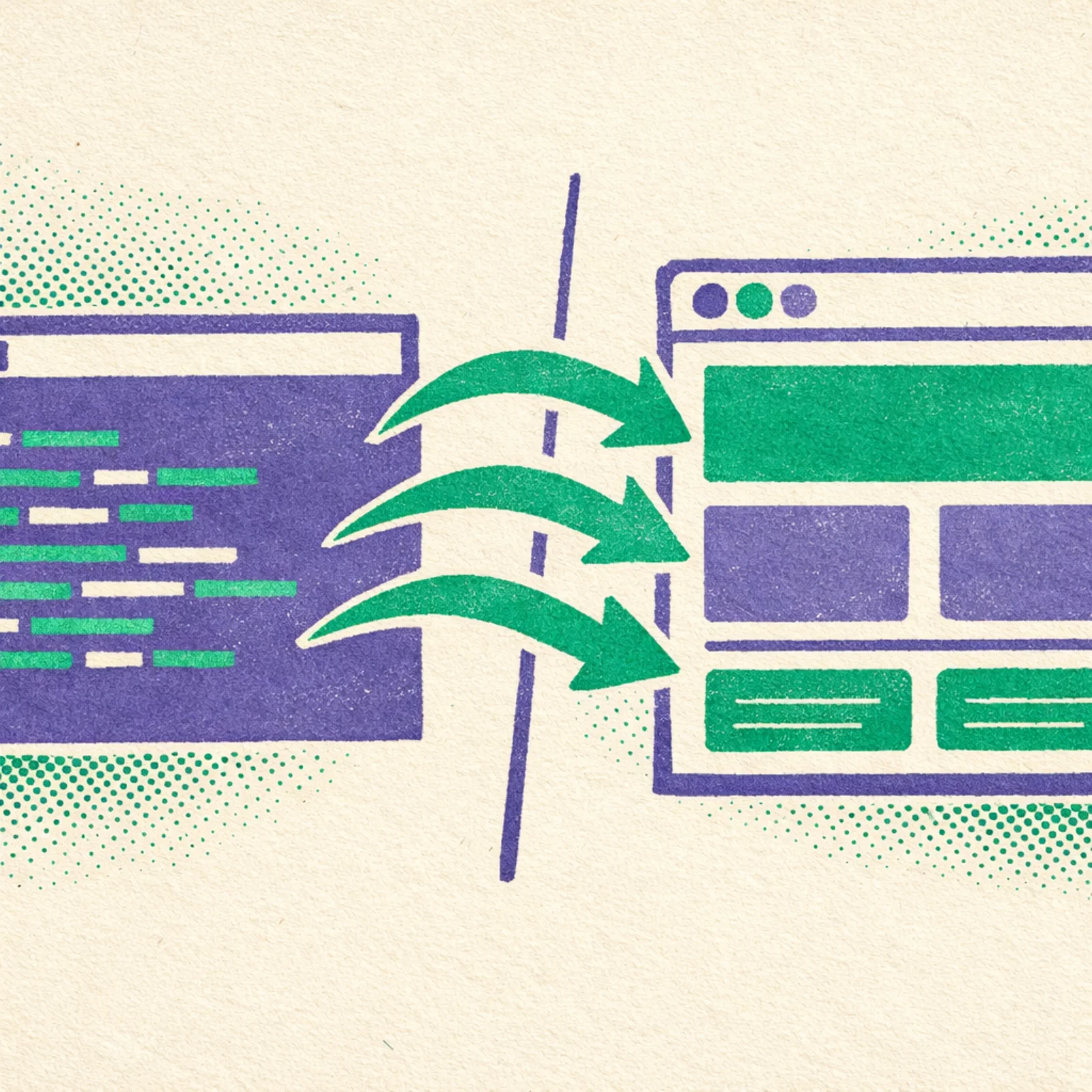 Terminal envoie des flèches vers une fenêtre de navigateur avec des éléments d'interface, illustrant le contrôle visuel depuis la ligne de commande
