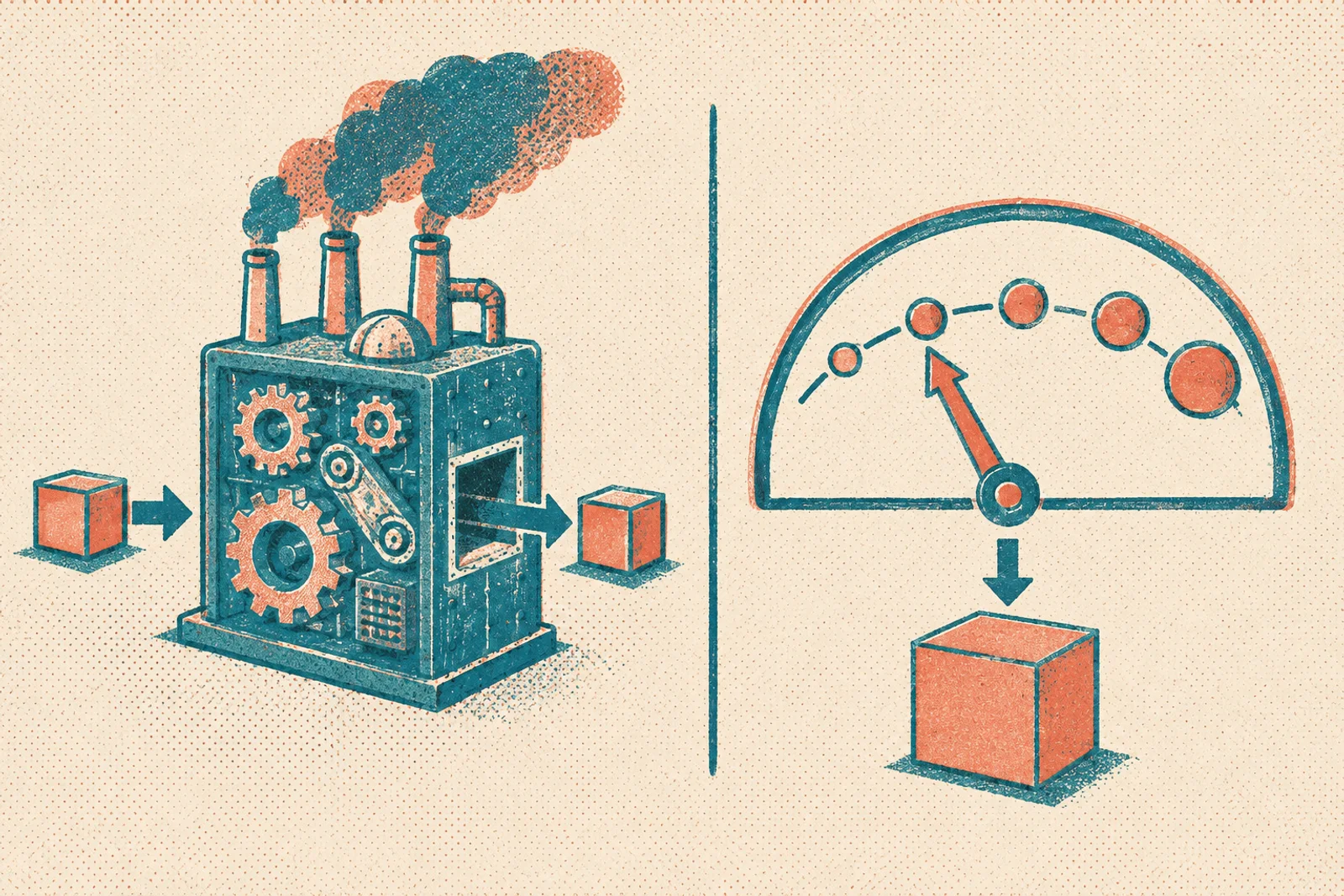 Schéma comparatif : grande machine consommant autant pour une petite tâche que pour une grande, versus un curseur à cinq crans calibrant l'effort selon la complexité réelle