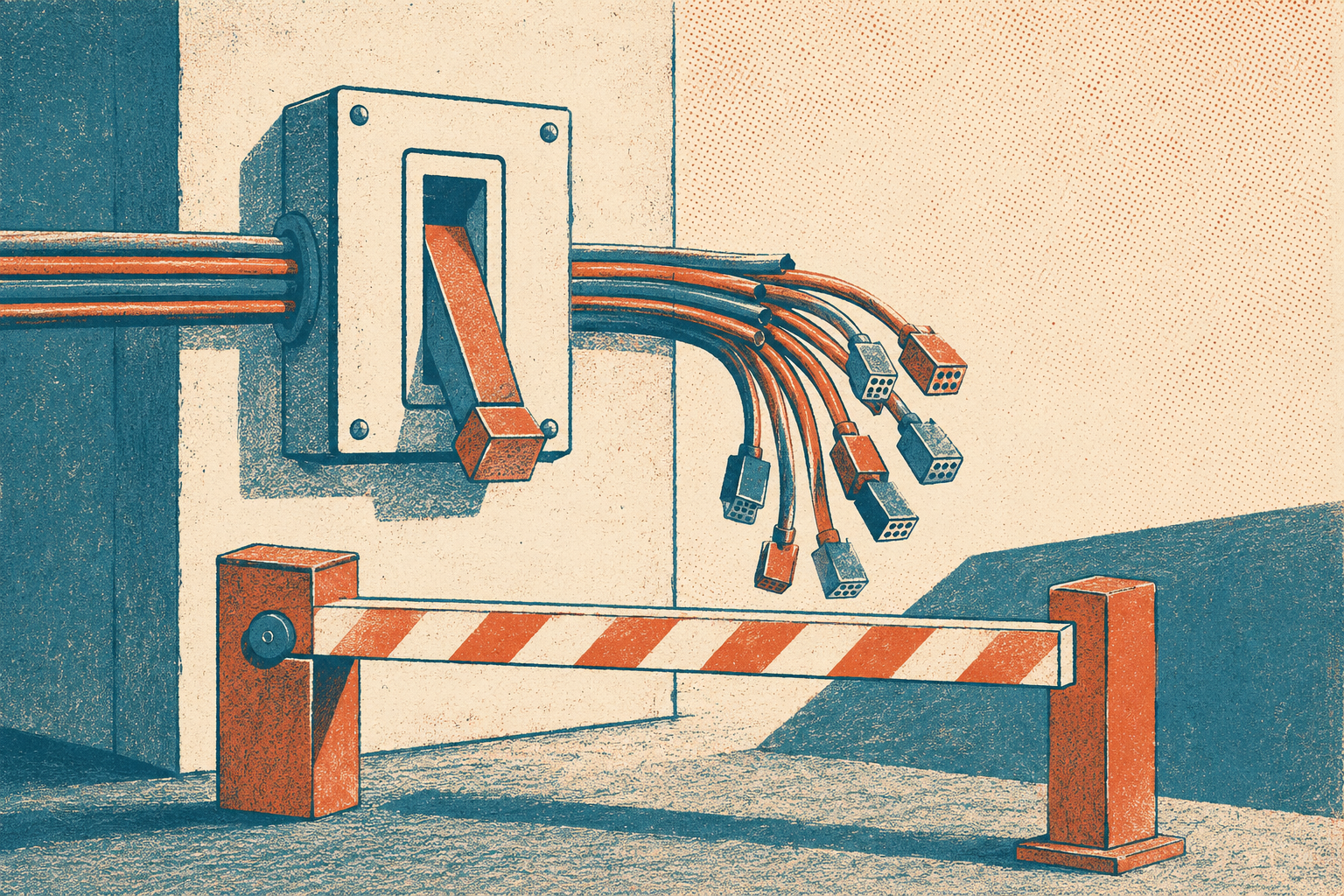 Un interrupteur mural en position eteinte avec un faisceau de cables debranches et une barriere fermee bloquant l'acces