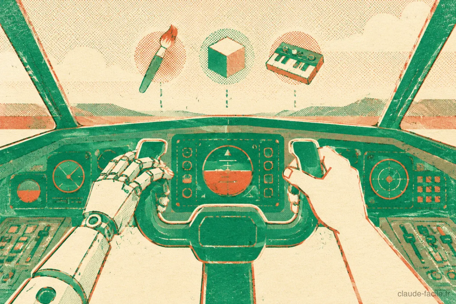Illustration metaphorique d'un cockpit avec un yoke tenu a deux mains - silhouette humaine et bras robotique - entoures d'icones d'outils creatifs miniatures (pinceau, cube 3D, mini synthe) representant le controle partage