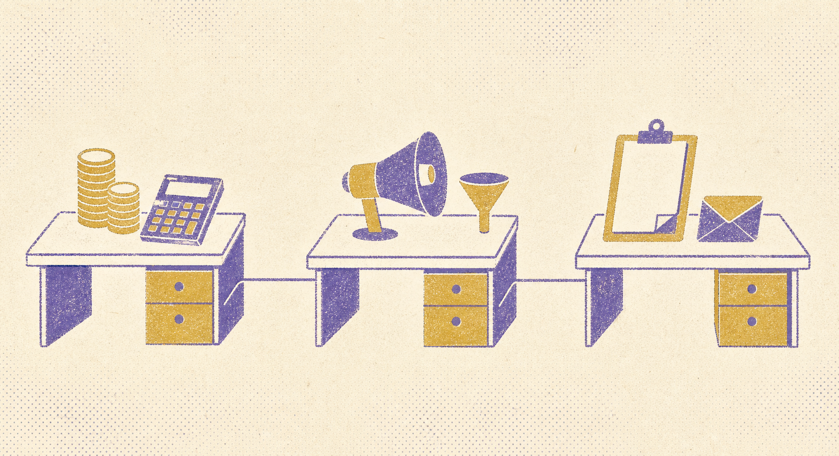 Trois bureaux reliés en ligne : finance avec pile de pièces et calculatrice, ventes avec mégaphone et entonnoir, opérations avec document et enveloppe