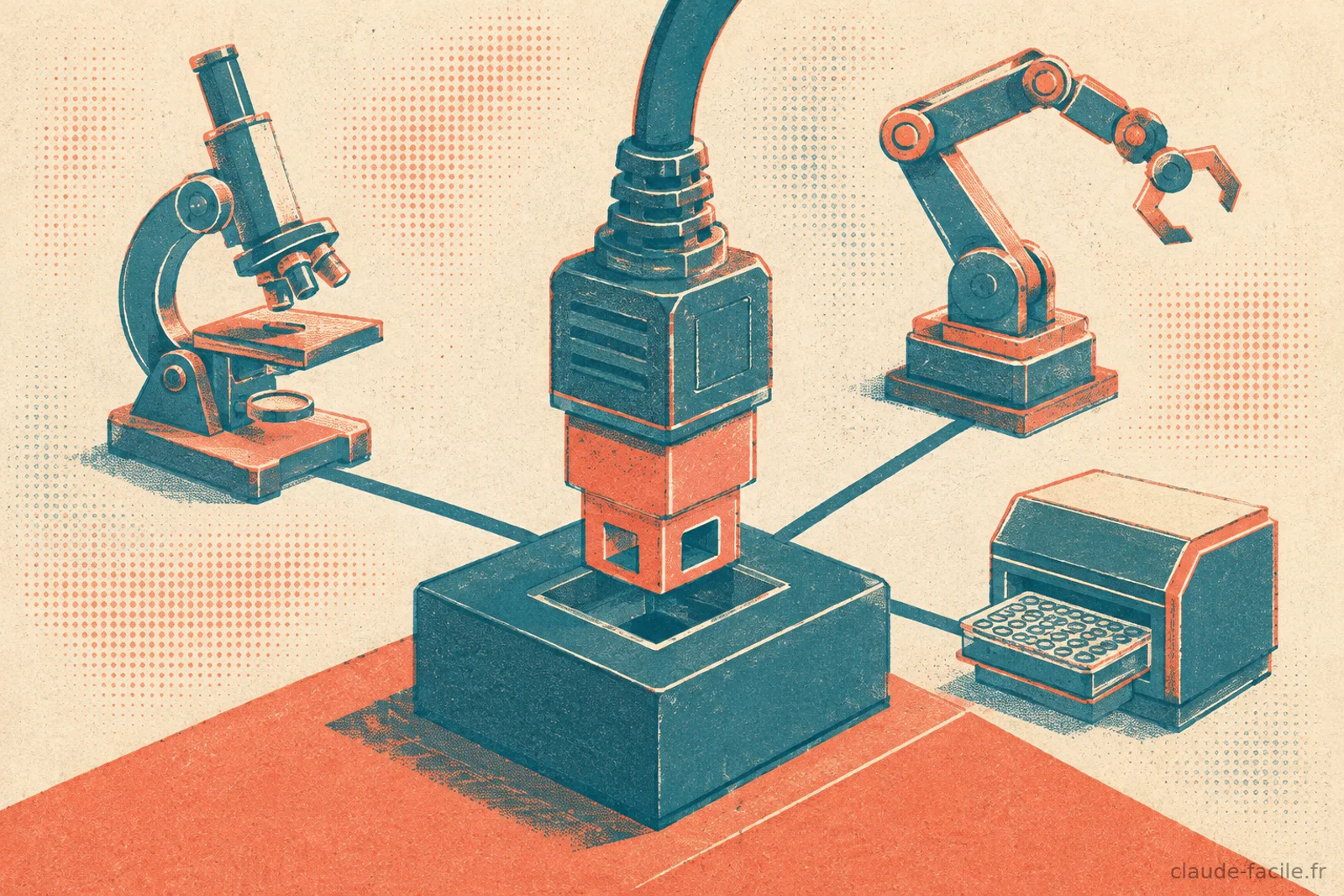 Un connecteur universel en forme de brique s'emboite dans un socle central relie a un microscope, un bras robotique et un lecteur de plaques