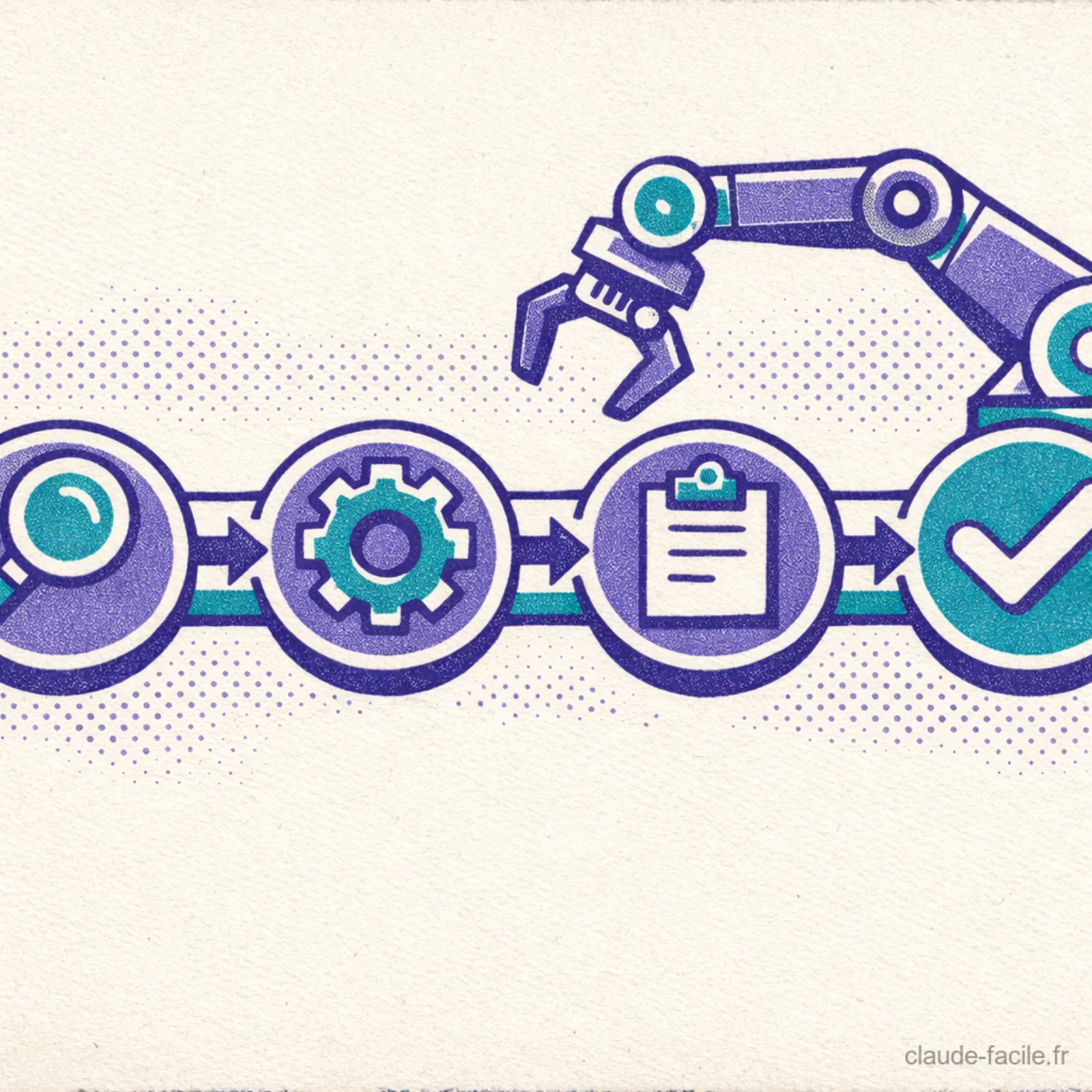 Pipeline de quatre etapes connectees par des fleches - recherche, traitement, planification et validation orchestrees par un bras robotique