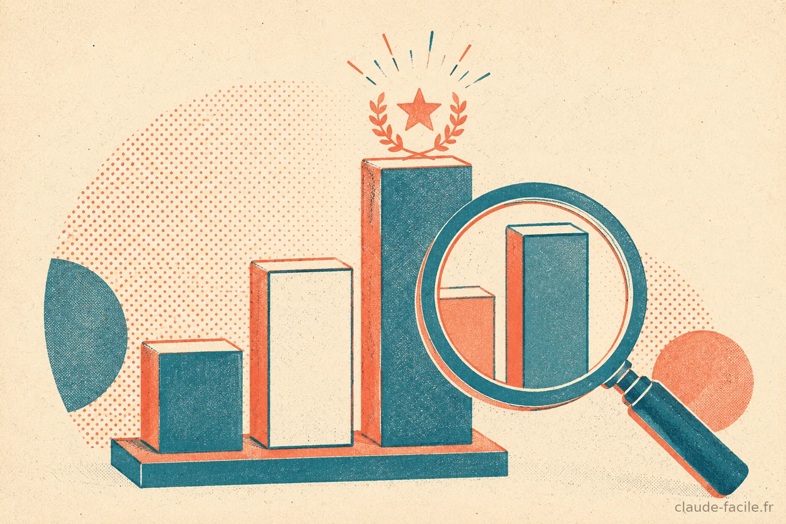 Podium de benchmark avec la barre la plus haute couronnee et une loupe qui inspecte le classement des performances
