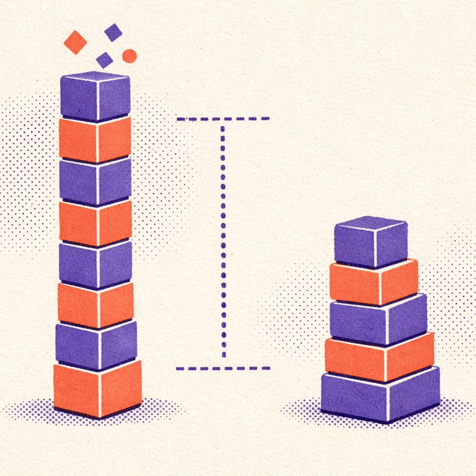 Deux tours de blocs géométriques de hauteurs différentes illustrant l'écart de performance en raisonnement entre Opus et Sonnet