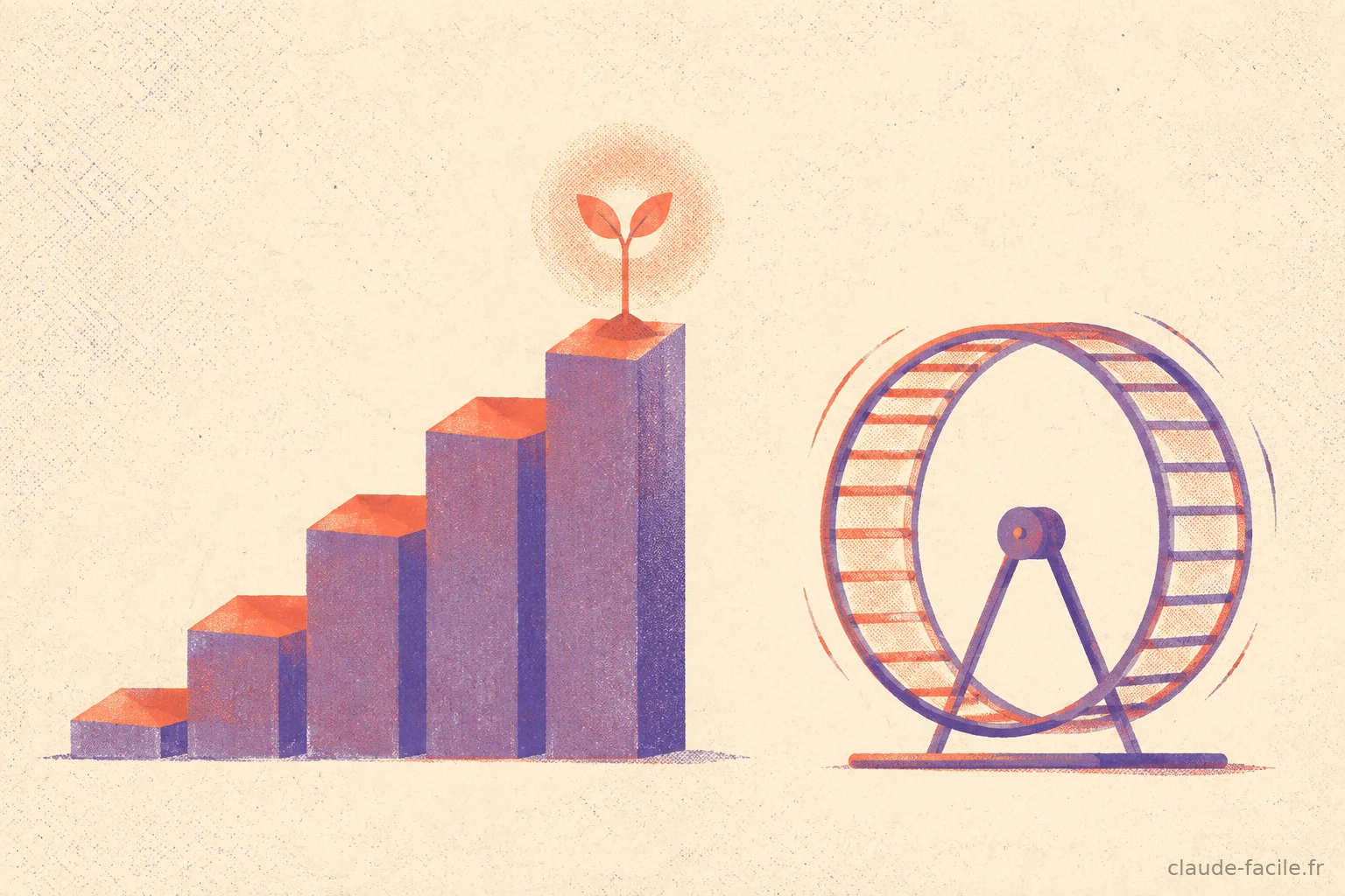 Un escalier de barres ascendantes surmonté d'une jeune pousse à côté d'une roue de hamster tournant sur place, illustrant la progression des compétences opposée à la boucle d'engagement