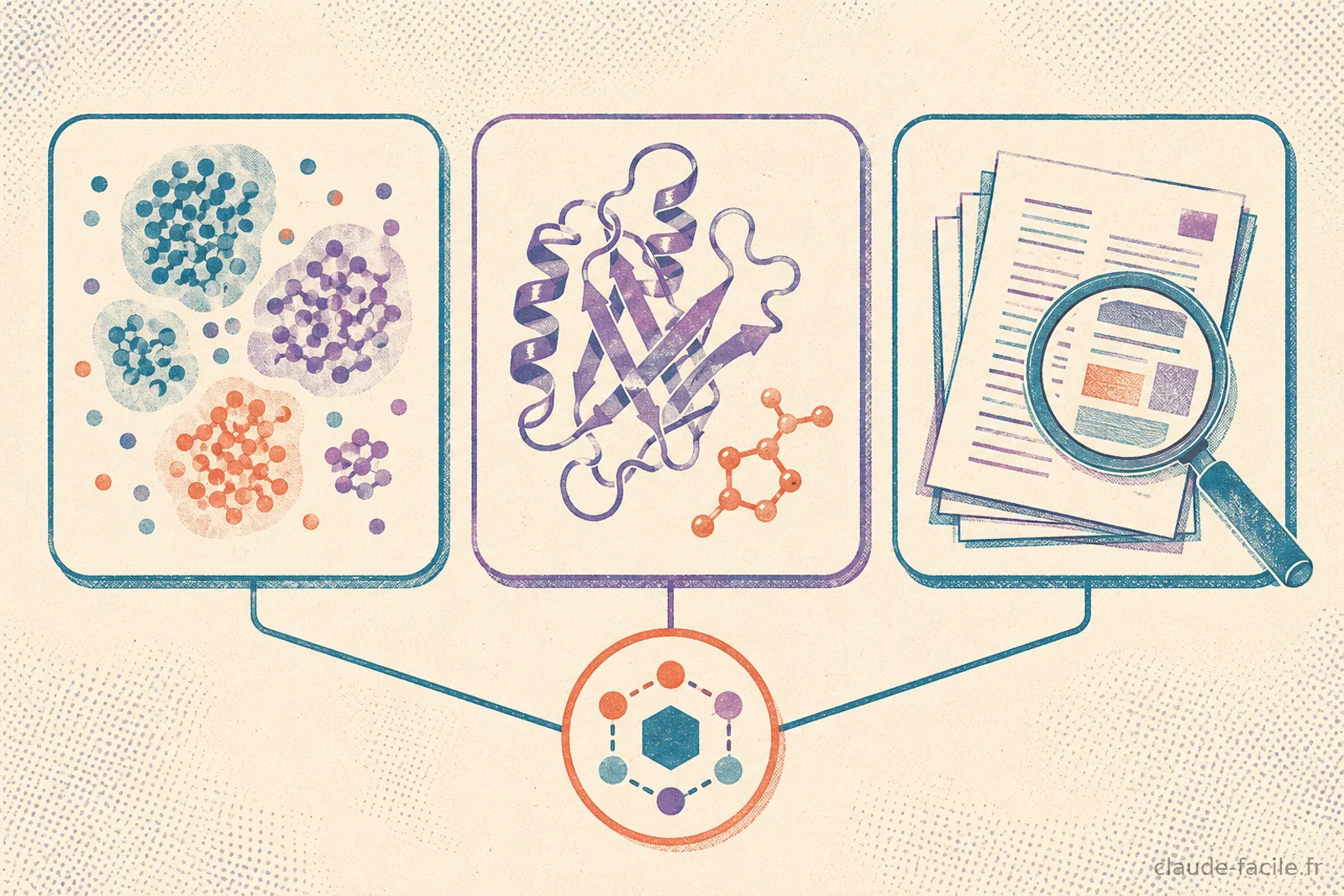 Trois panneaux de workflow relies a un agent central : clusters de cellules uniques, structure de proteine en ruban 3D, et pile de documents inspectee a la loupe pour verifier les citations