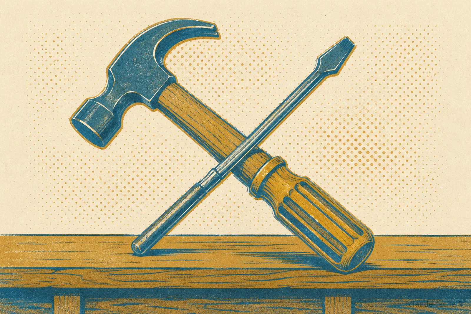 Un marteau et un tournevis croises sur un etabli, presentes comme deux outils complementaires plutot que rivaux